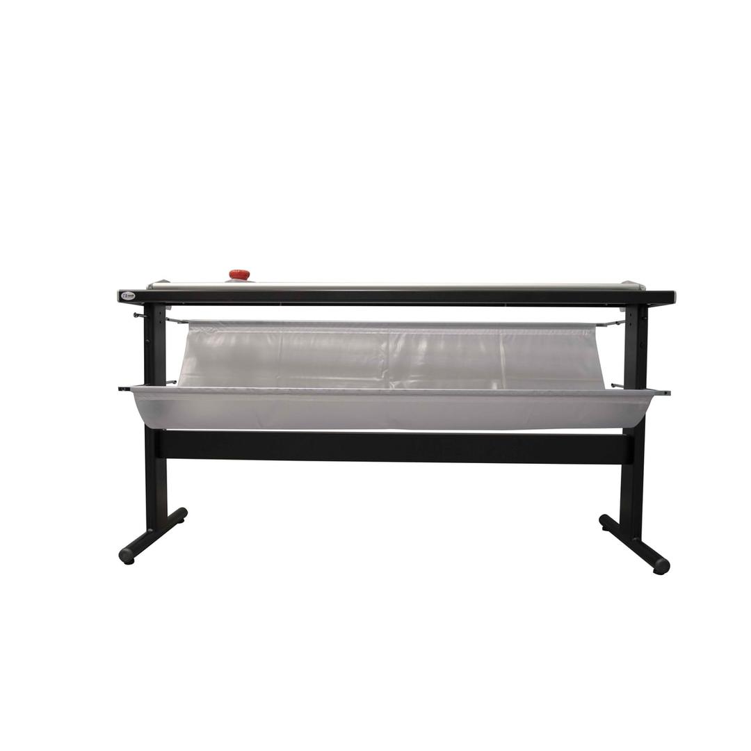 Coupeuse manuelle grand format Manual Trim Plus 130 NEOLT — Montée sur pied, équipée d'un bac de réception en toile pour la collecte des chutes de découpe